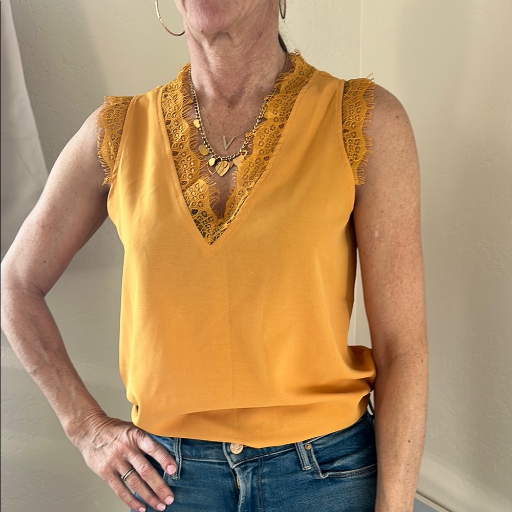 Lace Trim Sleeveless Top - Mustard